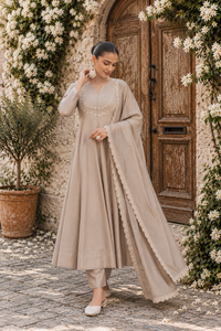 Beige Embroidered Vichitra Silk Anarkali Suit Set