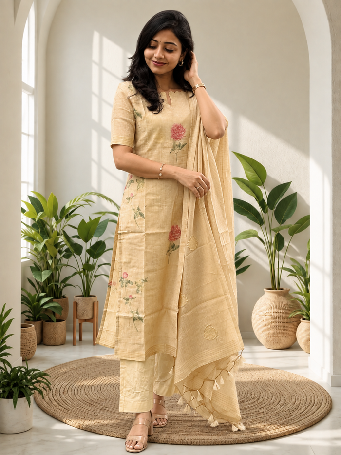 Beige Tissue Silk Floral Embroidered Kurta Pant Set