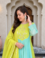 Elegant Mint Green & Lime Yellow Embroidered Anarkali Suit Set