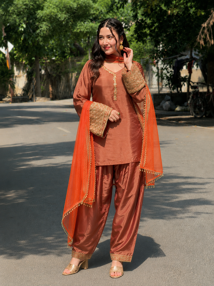Copper Brown Embroidered Kurta Pant Set