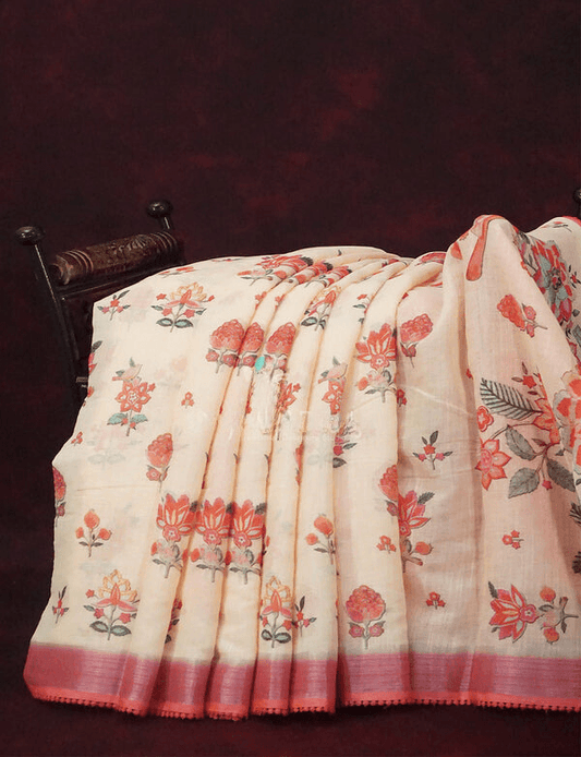 Elegant Peach Colored Cotton Linen Designer Printed Saree - Ibis Fab
