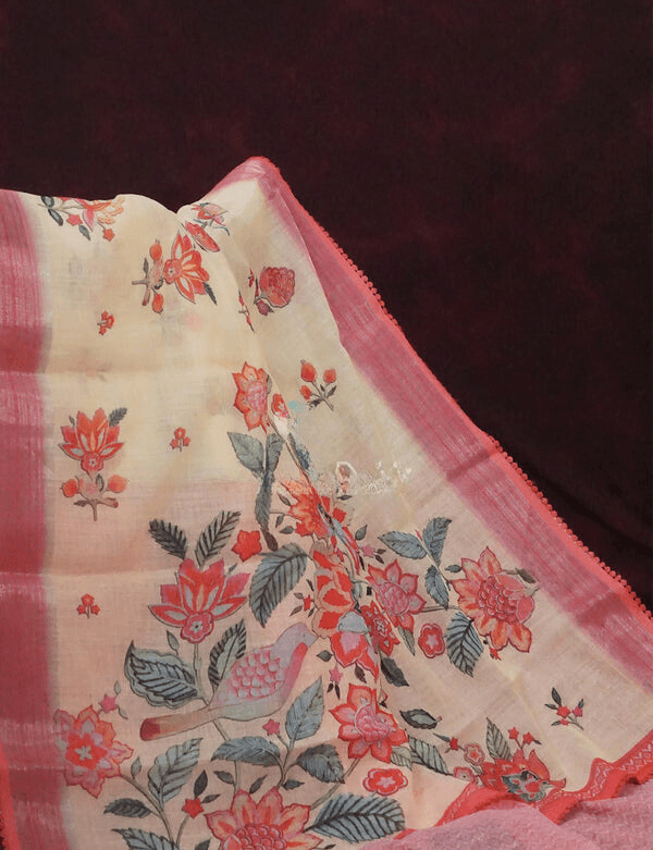Elegant Peach Colored Cotton Linen Designer Printed Saree - Ibis Fab