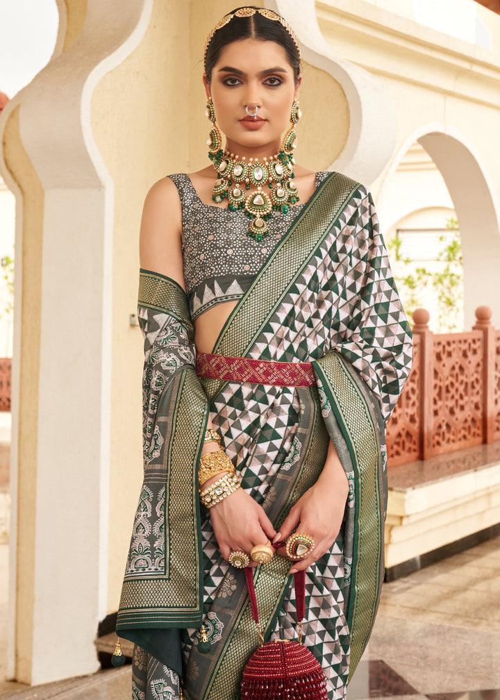 Entrancing White And Green Colored Printed Pure Soft Silk Saree - Ibis Fab