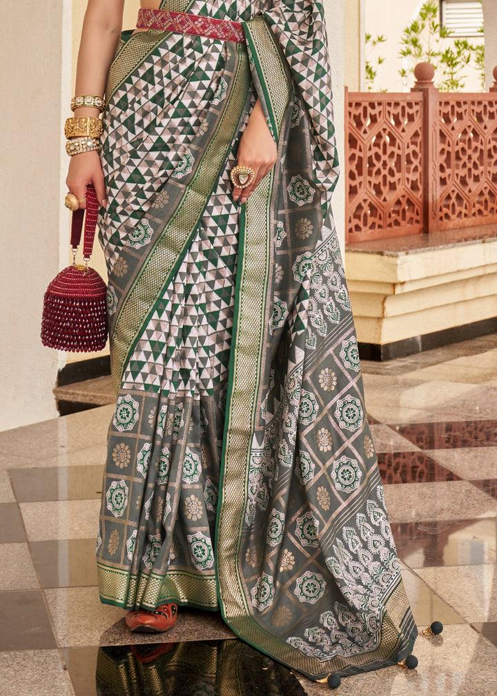 Entrancing White And Green Colored Printed Pure Soft Silk Saree - Ibis Fab