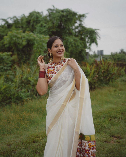 estival Saree in White Soft Linen Silk With Wooven Pallu and Blouse - Ibis Fab