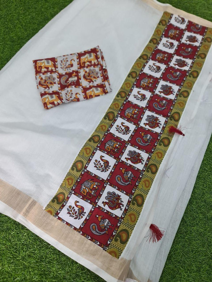 estival Saree in White Soft Linen Silk With Wooven Pallu and Blouse
