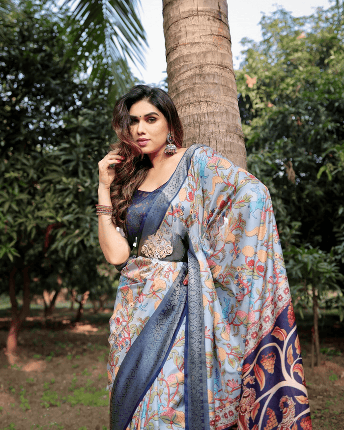 Exceptional Sky Blue Colored Jacquard Silk Saree With Zari Border Blouse