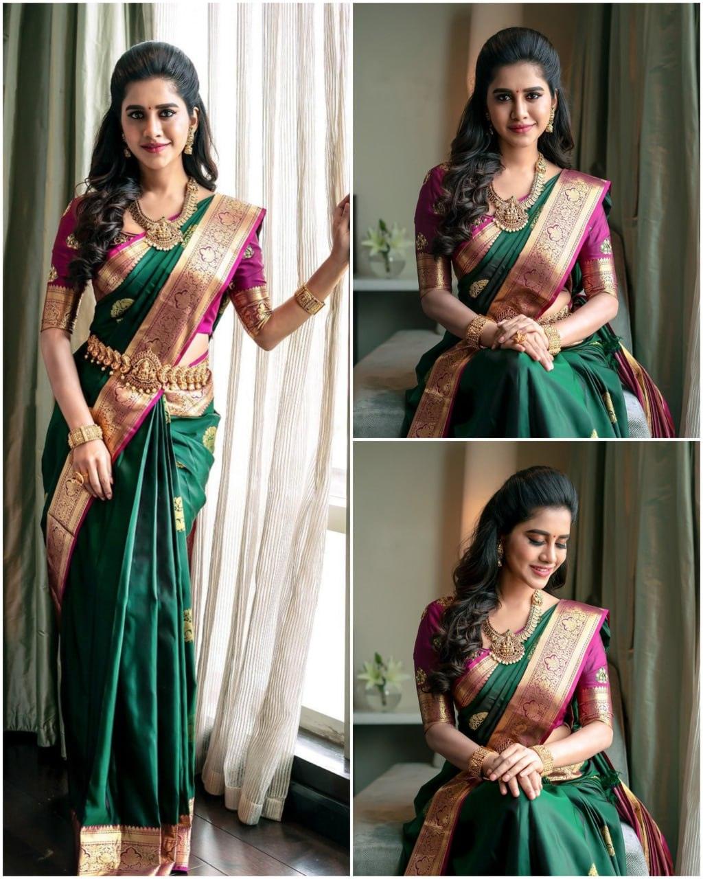 Extravagant green soft silk saree with a classy blouse piece - Ibis Fab