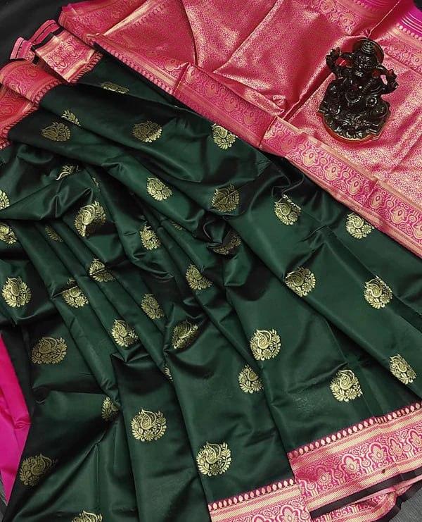 Extravagant green soft silk saree with a classy blouse piece