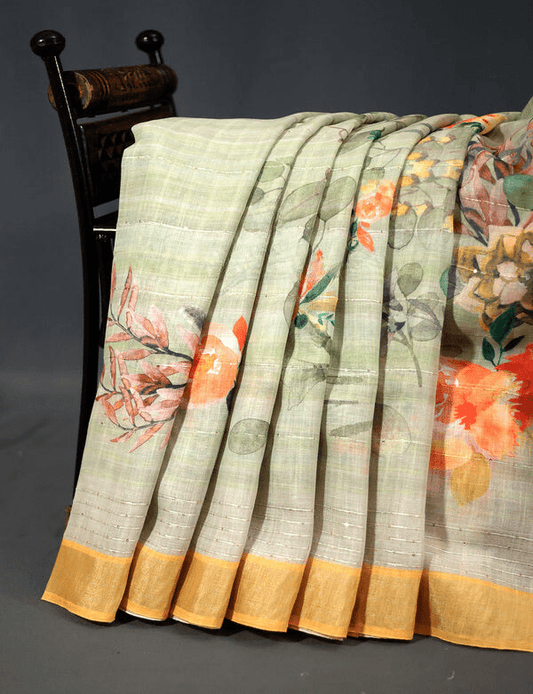 Extremely Light Green Colored Cotton Linen Designer Printed Saree - Ibis Fab