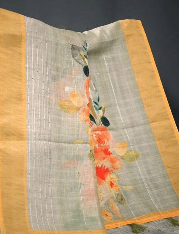 Extremely Light Green Colored Cotton Linen Designer Printed Saree