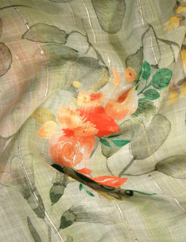 Extremely Light Green Colored Cotton Linen Designer Printed Saree - Ibis Fab