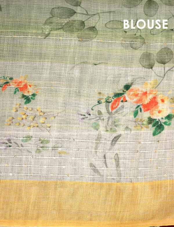 Extremely Light Green Colored Cotton Linen Designer Printed Saree - Ibis Fab