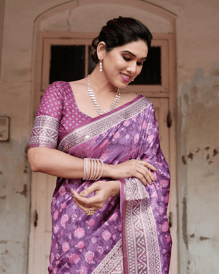 Eye-catching Purple Colored Jacquard Silk Saree