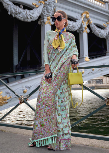 Eye-catching Sky Blue Colored Printed Pure Soft Silk Saree