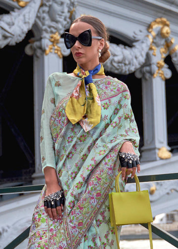 Eye-catching Sky Blue Colored Printed Pure Soft Silk Saree