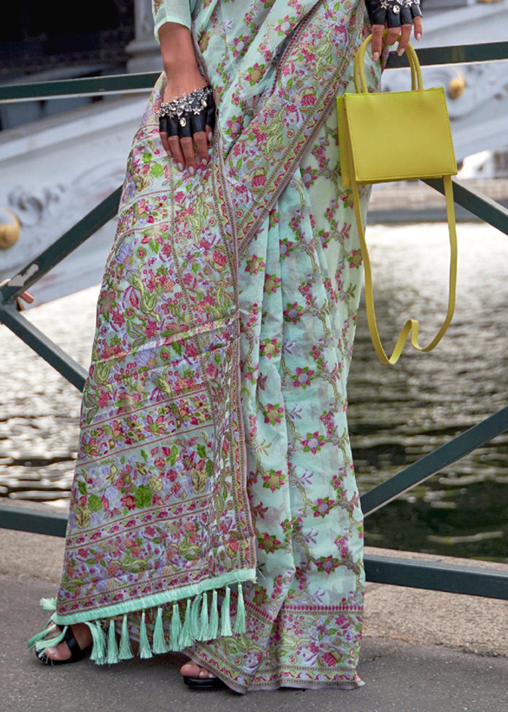 Eye-catching Sky Blue Colored Printed Pure Soft Silk Saree - Ibis Fab