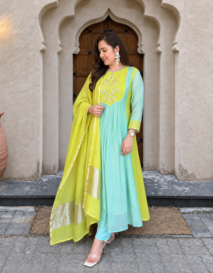 Elegant Mint Green & Lime Yellow Embroidered Anarkali Suit Set