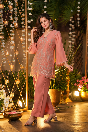 Peach Bloom Crunchy Kurta Pant Set