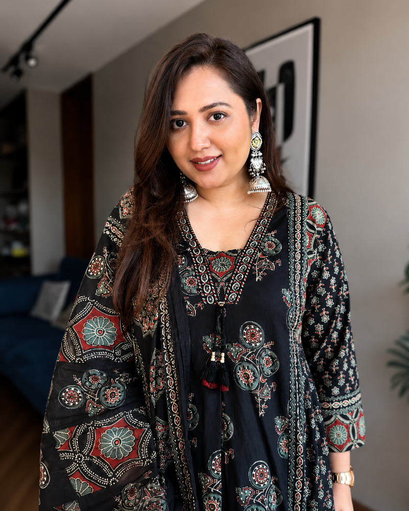 Black Ajarakh Buta Pure Cotton Anarkali Suit Set