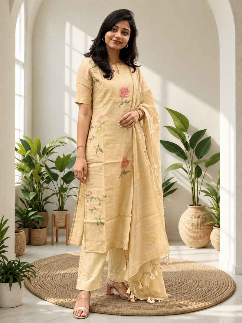 Beige Tissue Silk Floral Embroidered Kurta Pant Set