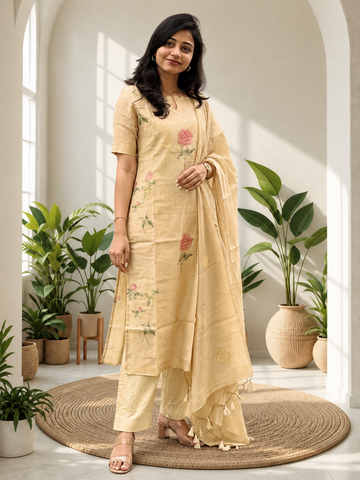 Beige Tissue Silk Floral Printed Kurta Pant Dupatta Set