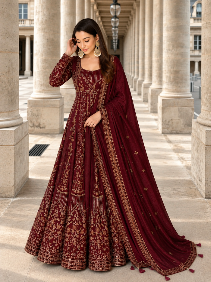 Maroon Embroidered Anarkali Suit Set for Women