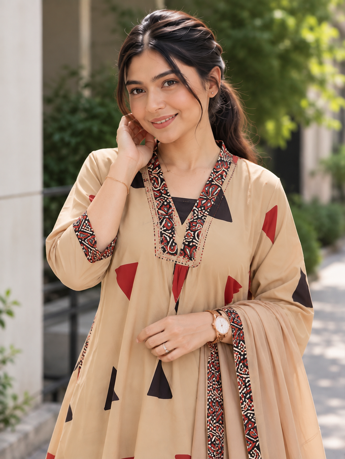 Pure Cotton Kalamkari A-Line Suit with Dupatta