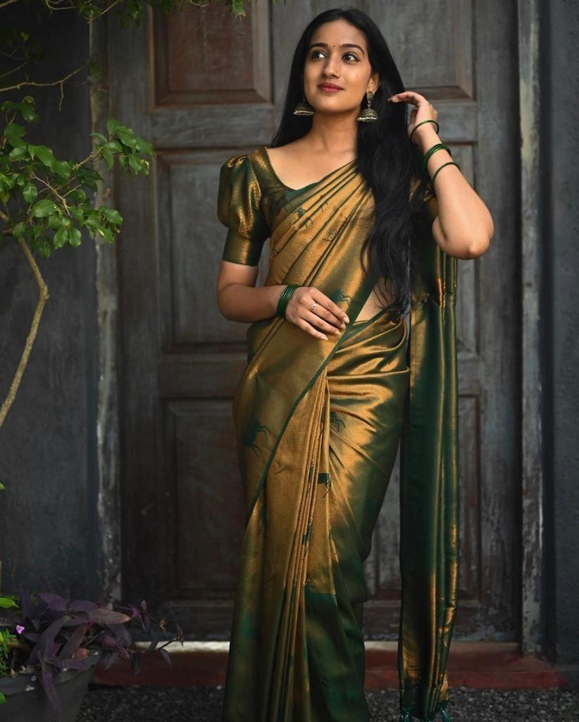 fabulous Dark Green Jacquard Soft Lichi Silk Saree - Ibis Fab