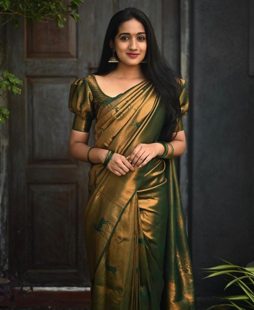 fabulous Dark Green Jacquard Soft Lichi Silk Saree - Ibis Fab