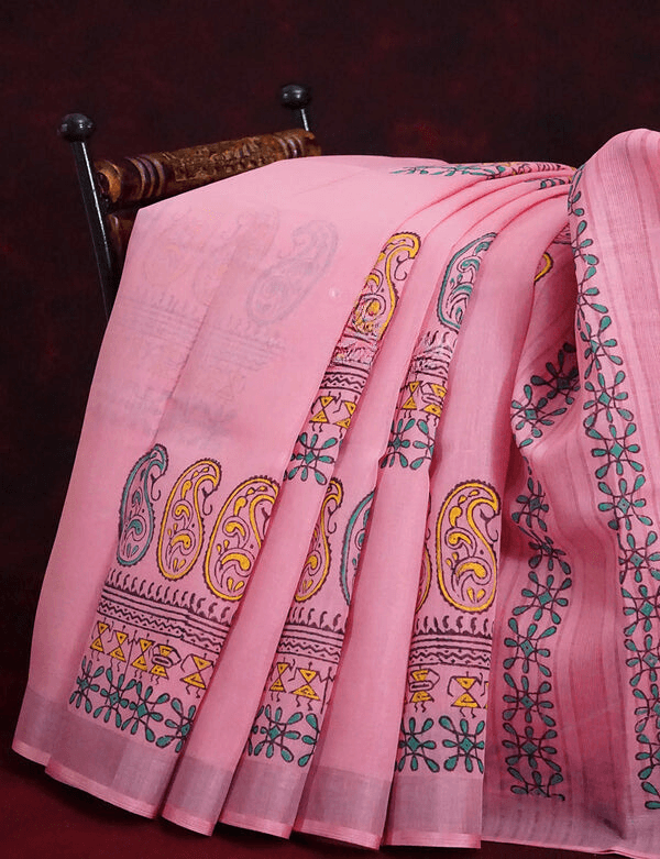 Fairy-tale Baby Pink Colored Cotton Linen Designer Printed Saree - Ibis Fab