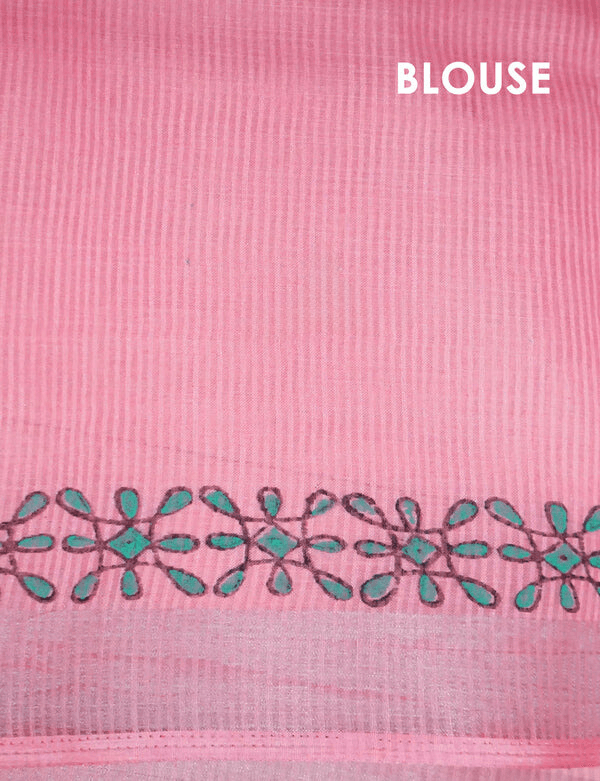 Fairy-tale Baby Pink Colored Cotton Linen Designer Printed Saree - Ibis Fab