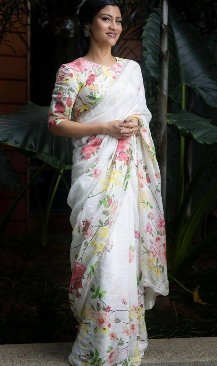 Fashionable Floral printed Linen White Saree - Ibis Fab