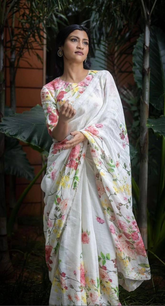 Fashionable Floral printed Linen White Saree