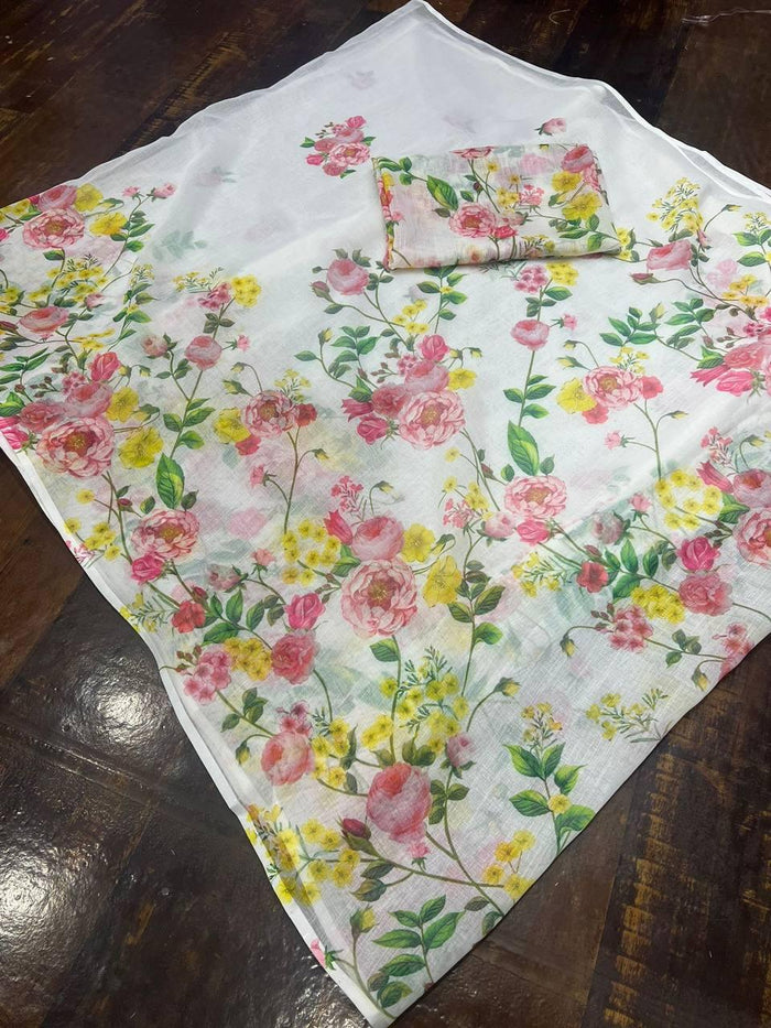 Fashionable Floral printed Linen White Saree