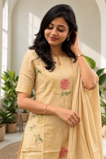 Beige Tissue Silk Floral Embroidered Kurta Pant Set