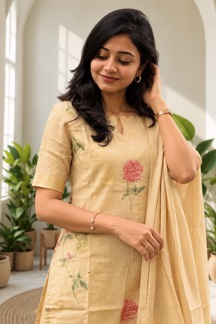 Beige Tissue Silk Floral Embroidered Kurta Pant Set