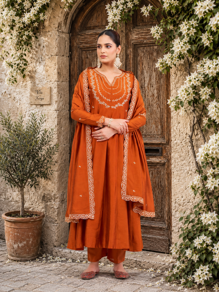 Orange  Embroidered Vichitra Silk Anarkali  Suit Set