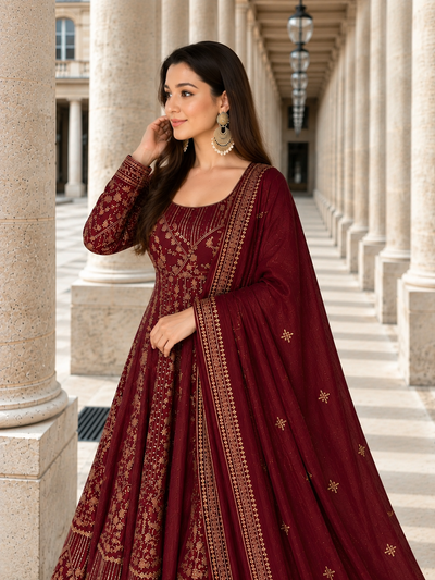 Maroon Embroidered Anarkali Suit Set for Women