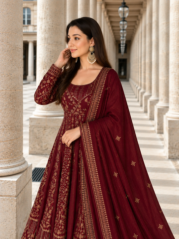 Maroon Embroidered Anarkali Suit Set for Women