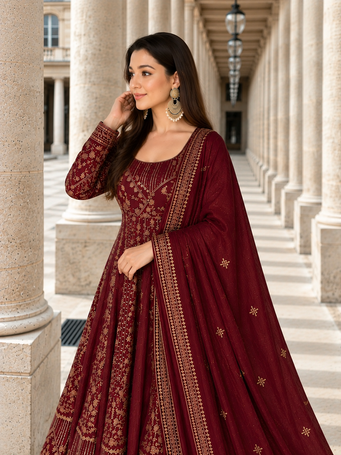 Maroon Embroidered Anarkali Suit Set for Women