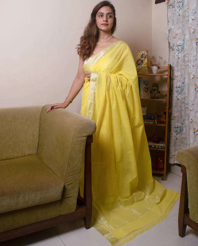 Fenugreek Yellow Colour Women's Plain Linen Saree With Casual wear - Ibis Fab