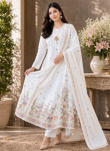 Elegant Off-White Premium Embroidered Kurta Set with Dupatta