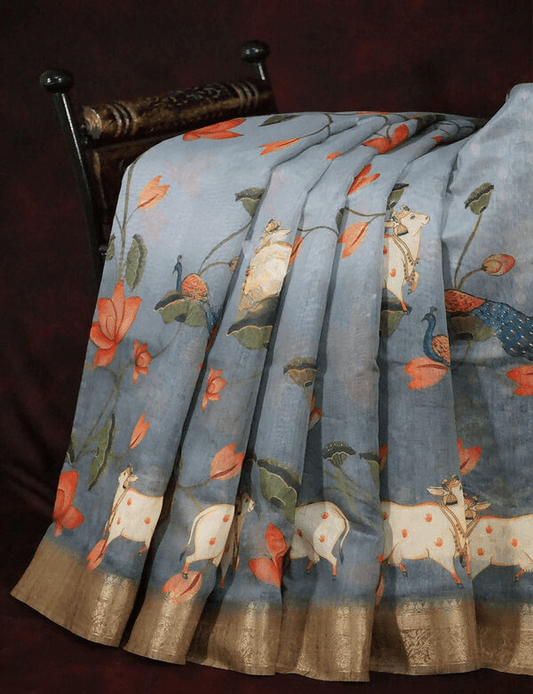 Flaunt Gray Colored Cotton Linen Designer Printed Saree - Ibis Fab