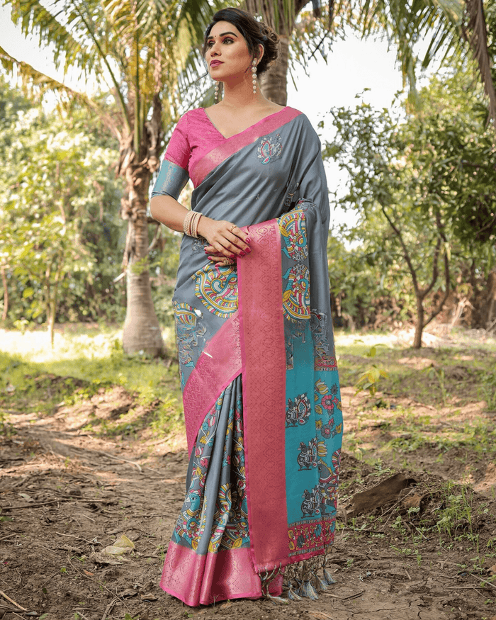 Flaunt Gray Colored Jacquard Silk Saree With Zari Border Blouse