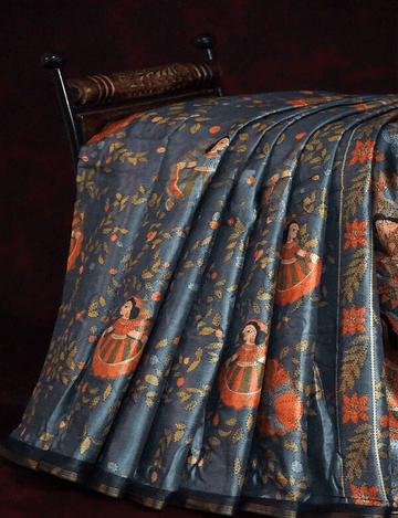 Flaunt Navy Blue Colored Cotton Linen Designer Printed Saree