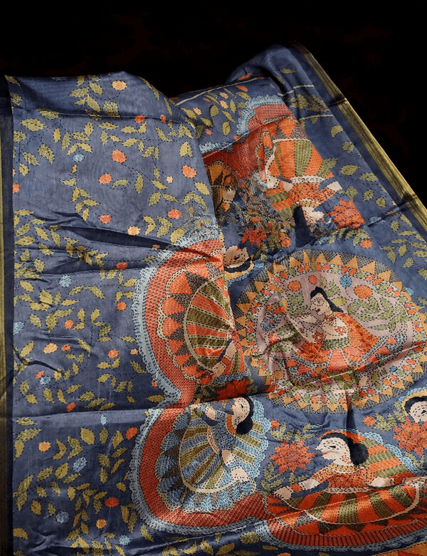 Flaunt Navy Blue Colored Cotton Linen Designer Printed Saree