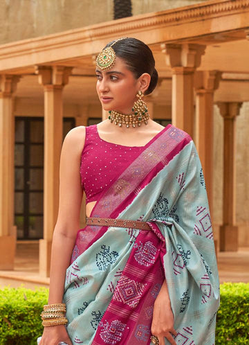 Flaunt Sky Blue And Pink Colored Printed Pure Soft Silk Saree