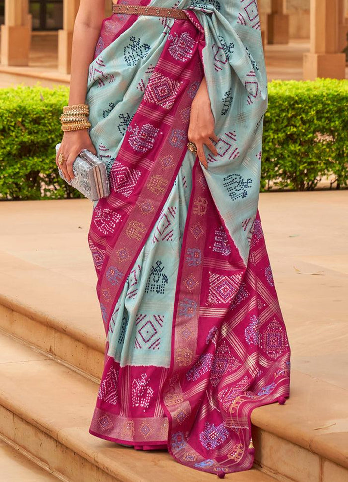 Flaunt Sky Blue And Pink Colored Printed Pure Soft Silk Saree