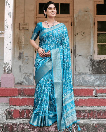 Flaunt Sky Blue Color Jacquard Silk Saree